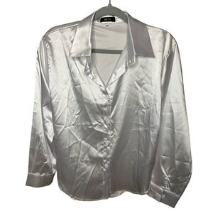 Silver Satin Blouse Button Down‎ Long Sleeve Collared Shirt